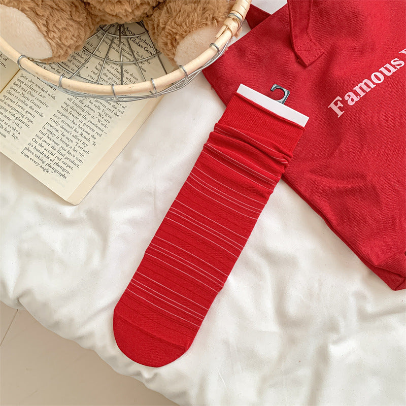 Slouchy Red Combed Cotton Mid Calf Chic Christmas Socks