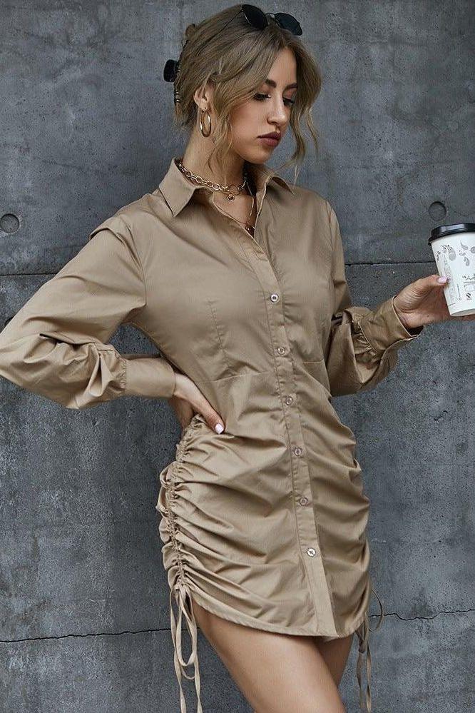 shirt dress V-neck side pleated lace-up dress