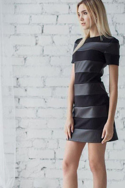 PU leather stitching stripes slim dress