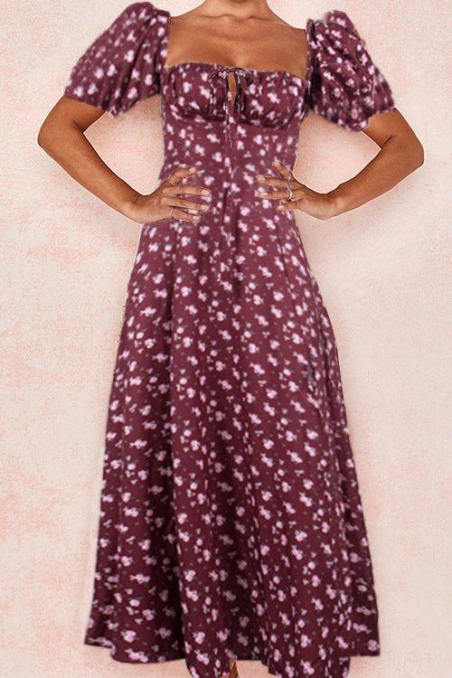 French Floral Printed Backless Long Dress