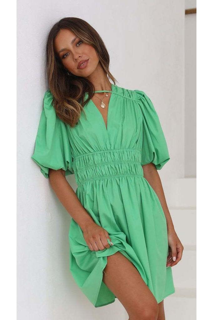 Deep V-neck High Waist Dopamine Dress