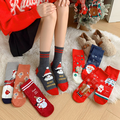 Cartoon Moose Santa Mid-Calf Crew Straight Christmas Socks