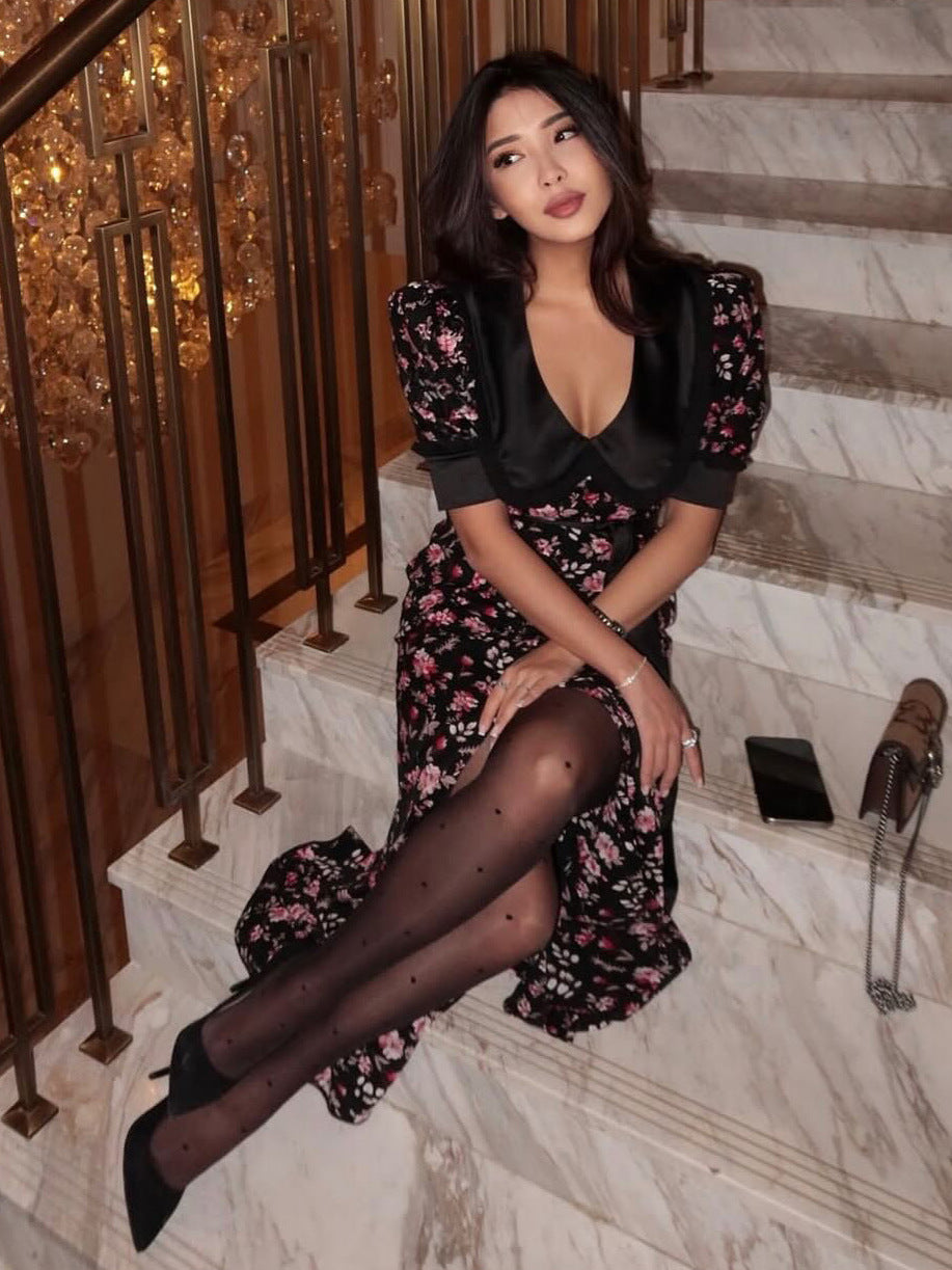 A High-Slit Floral Dress A Baby Collar