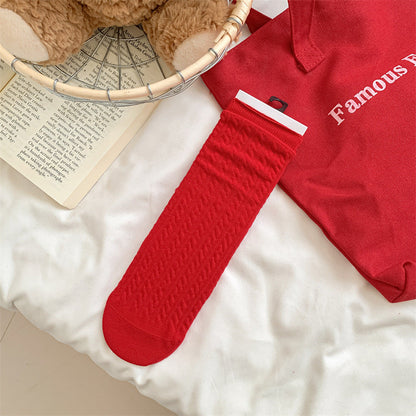 Slouchy Red Combed Cotton Mid Calf Chic Christmas Socks