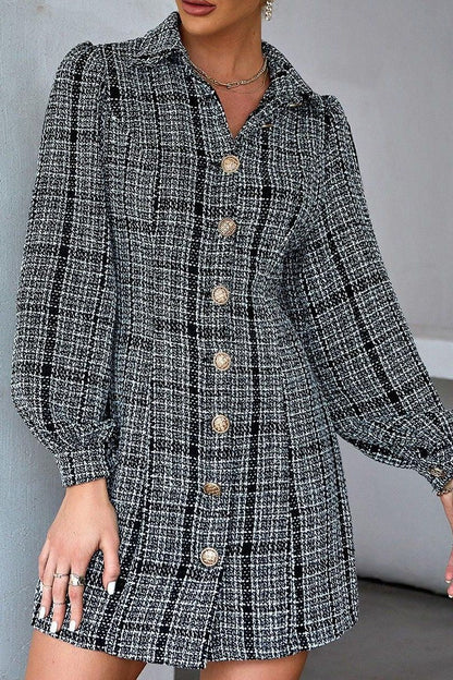 Retro Lapel Puff Sleeve Waist Slim Dress