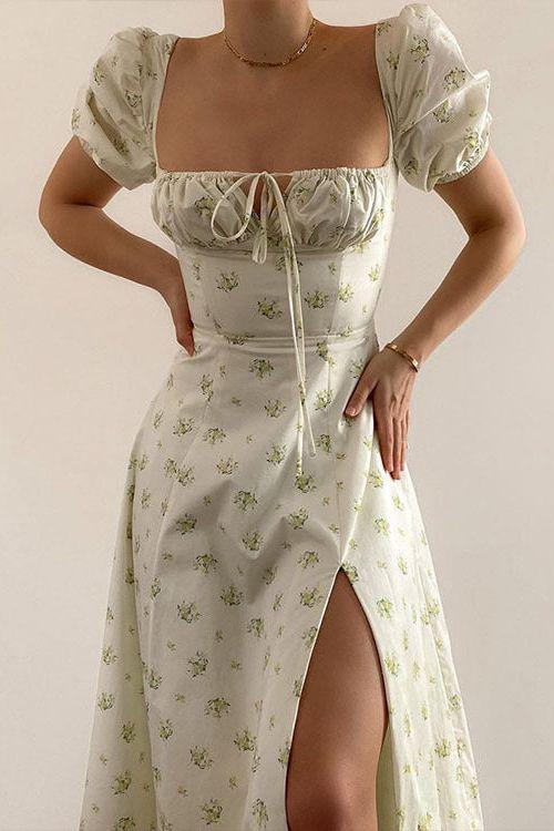 French Floral Printed Backless Long Dress