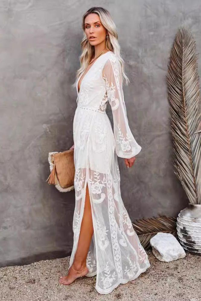 V-Neck Embroidery Lace Long Dress