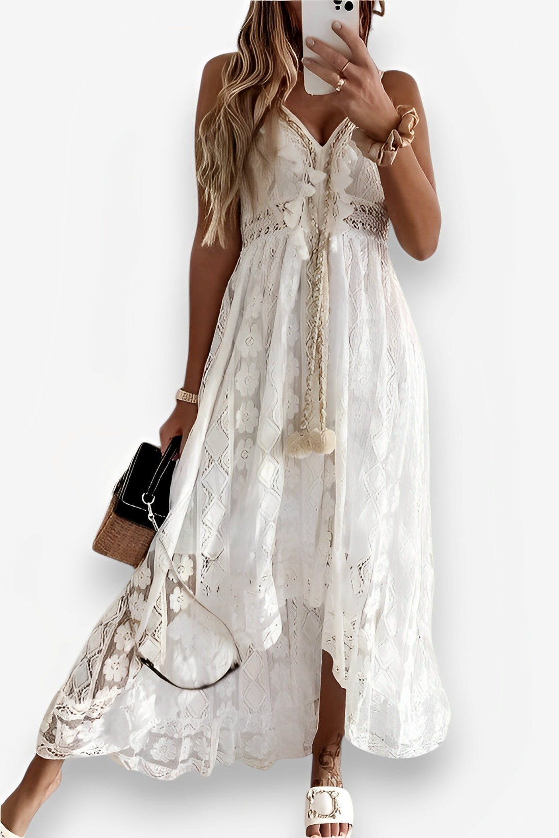 Lace Suspender white Midi Dress