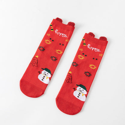 Cute Cartoon 3D Ear Red Mid Calf Christmas Socks