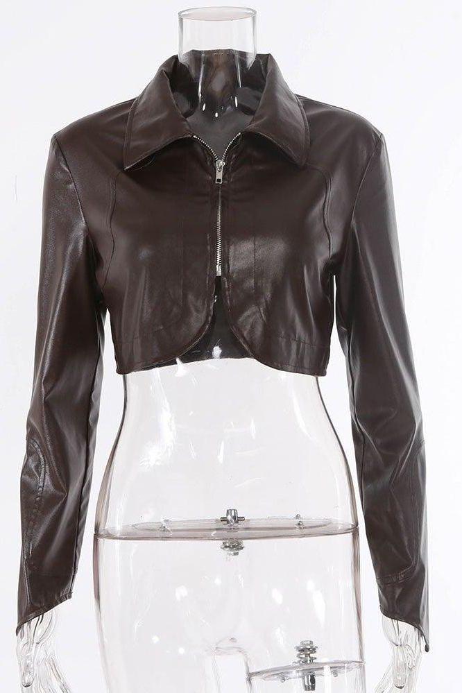 Style PU leather windbreaker lapel short dress & jacket