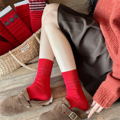 Slouchy Red Combed Cotton Mid Calf Chic Christmas Socks