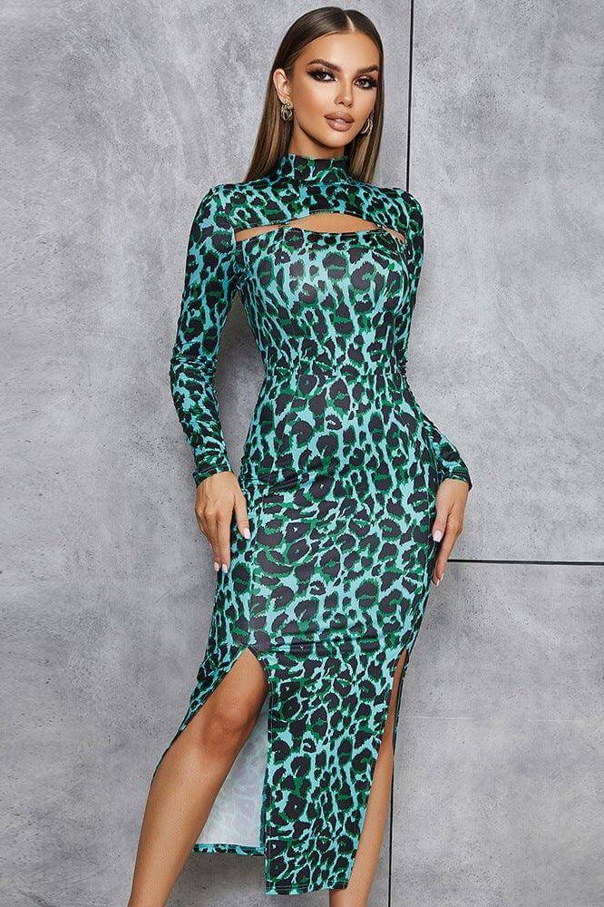 Hollow Leopard Print Thin Body-fitting Long Bandage Dress