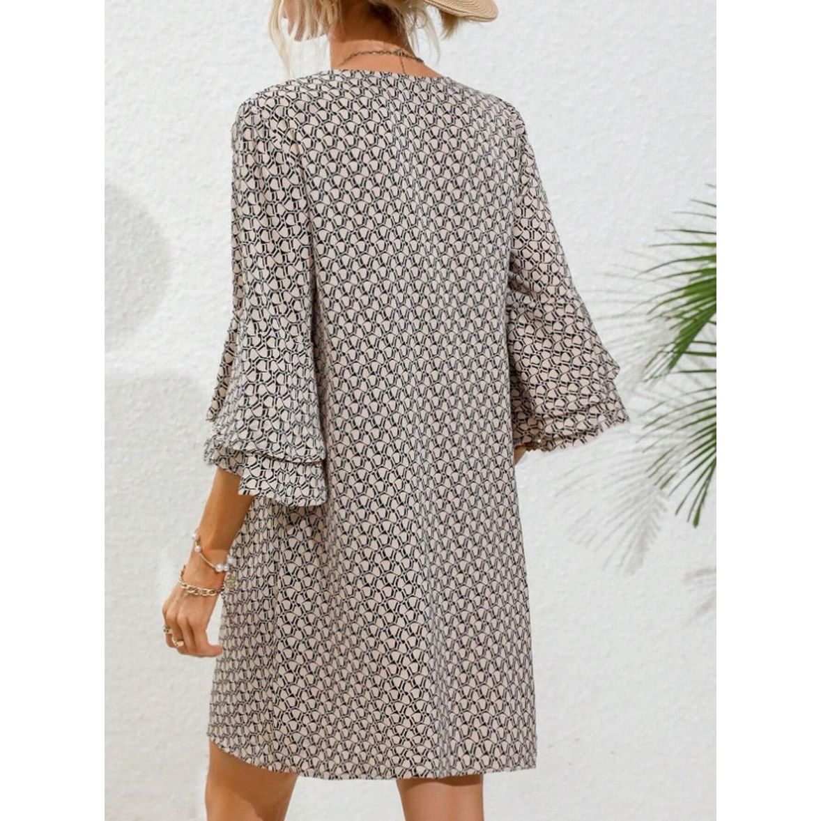 V-Neck Flared Three-Quarter Sleeve Short Dress