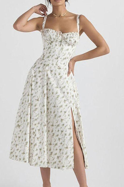 French Floral Printed Backless Long Dress