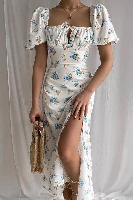 French Floral Printed Backless Long Dress