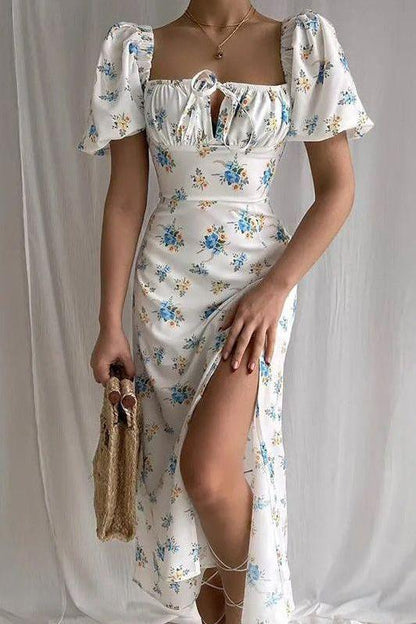 French Floral Printed Backless Long Dress