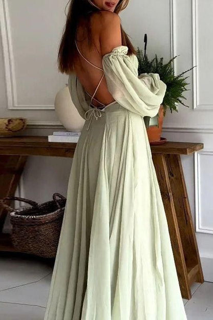 Sexy suspender long-sleeved backless green dress