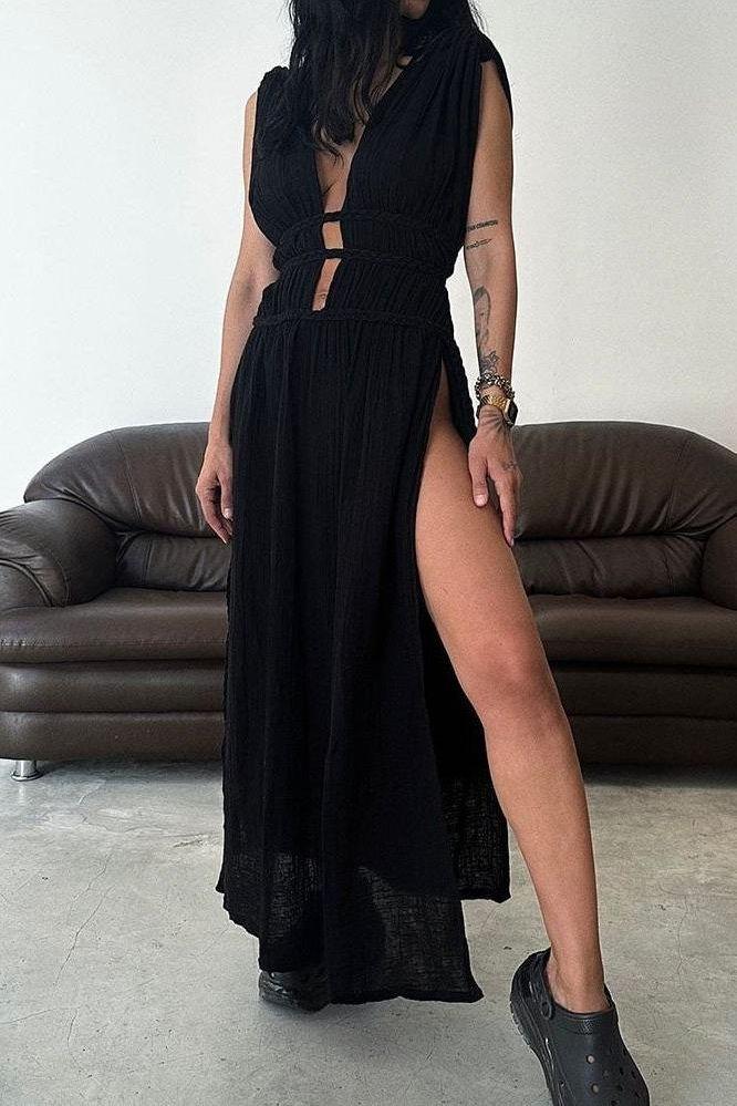 Braided Belt Hollow Slit Long dress