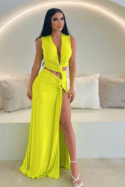Deep V Hollow Slit Slim Long Dress