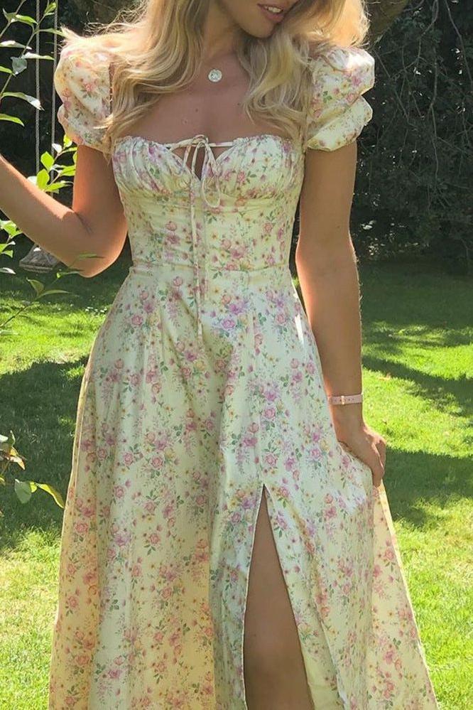 French Floral Printed Backless Long Dress