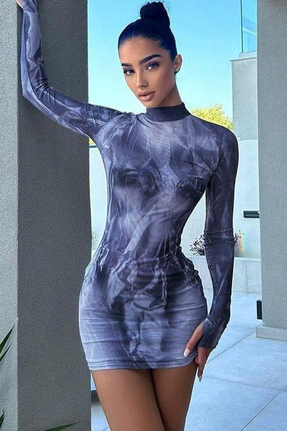 Printed slim round neck hip dress