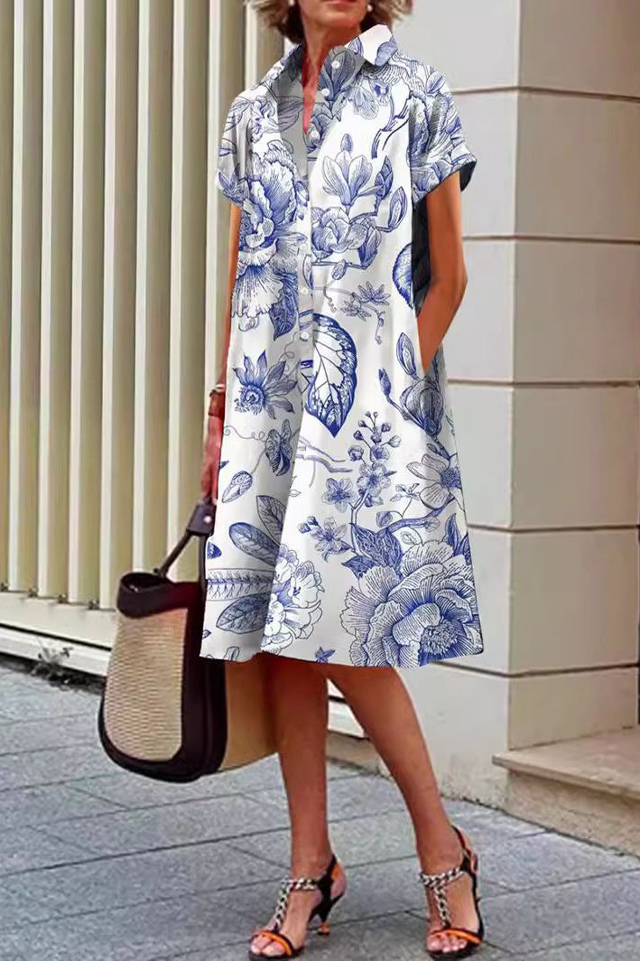Blue and White Design Pocket Shirt Dress