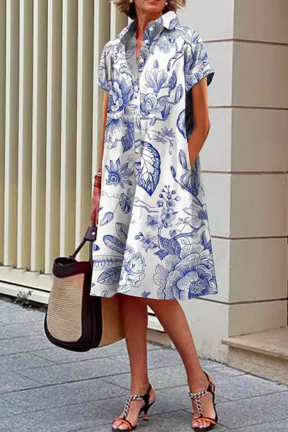 Blue and White Design Pocket Shirt Dress