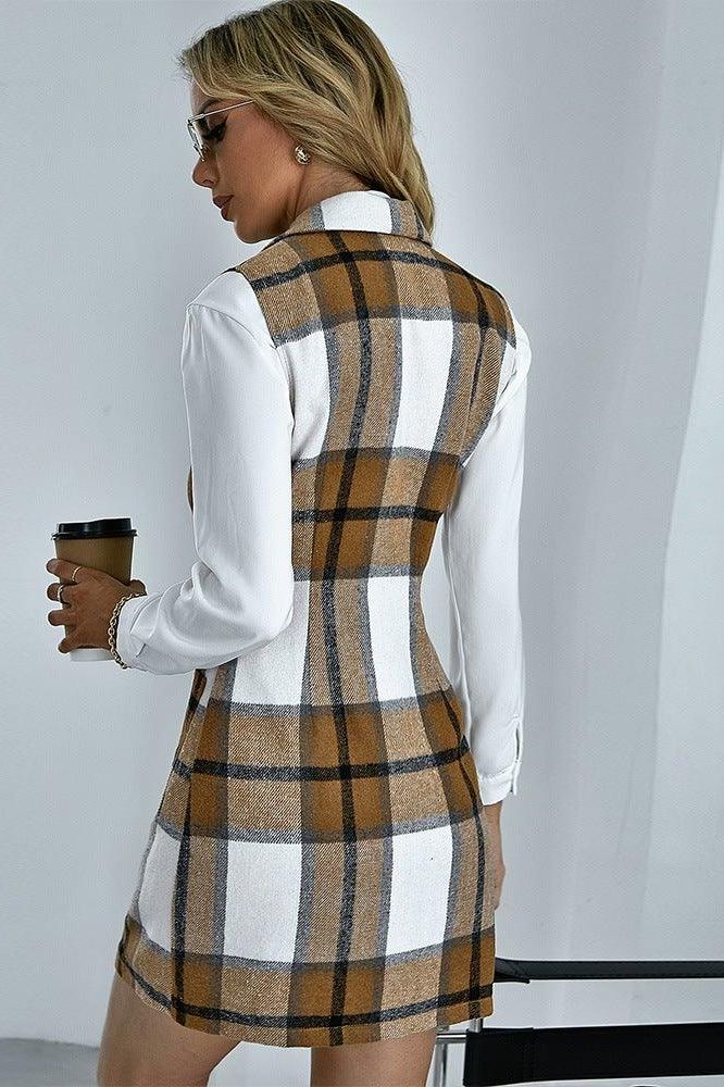 Double-breasted sleeveless slim-fit cardigan plaid dress