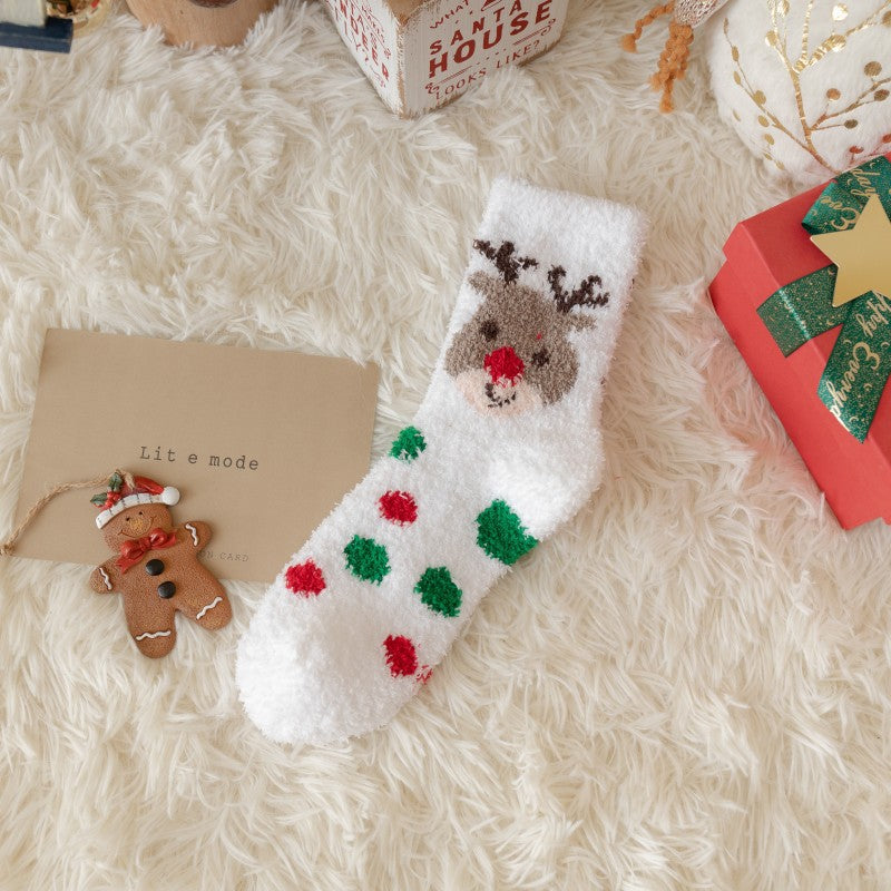 Thick Coral Fleece Cute Reindeer Snowman Christmas Socks
