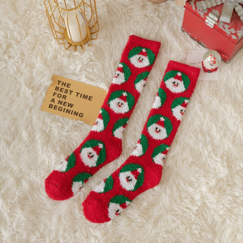 Coral Fleece Non Slip Thick Reindeer Snowman Knee High Christmas Socks