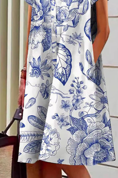 Blue and White Design Pocket Shirt Dress