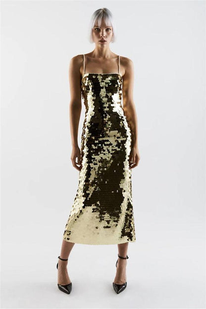 Glittering Tube Top Gold Backless Maxi Dress