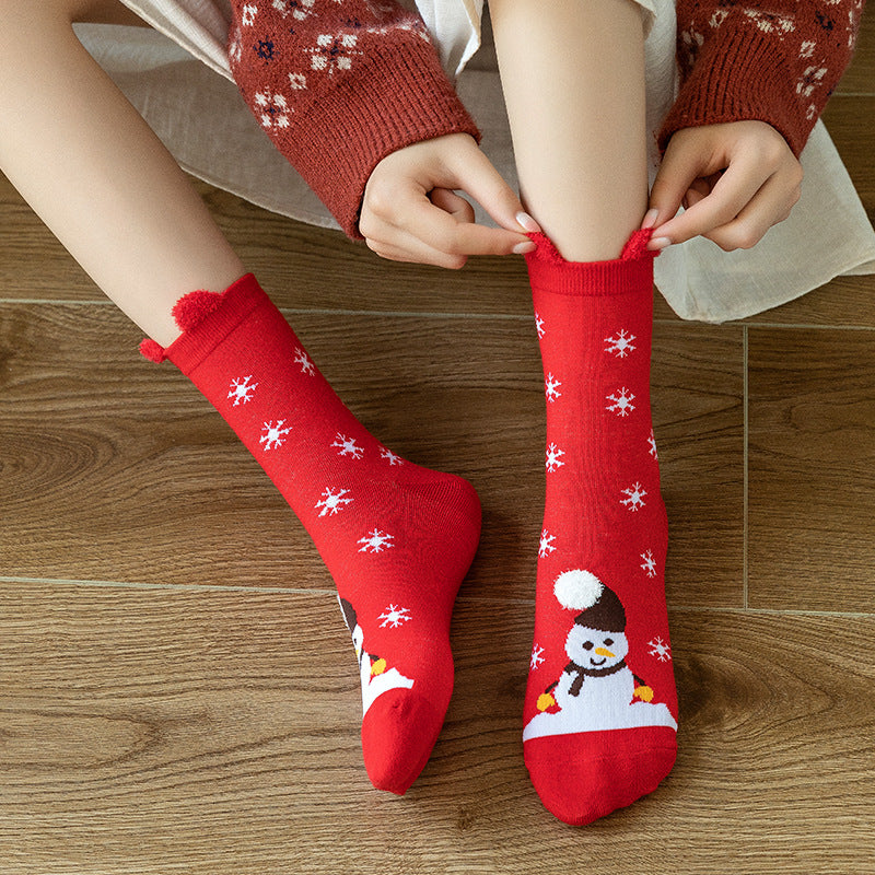 Cute Cartoon 3D Ear Red Mid Calf Christmas Socks