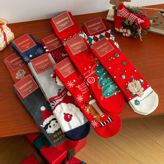 Cartoon Moose Santa Mid-Calf Crew Straight Christmas Socks