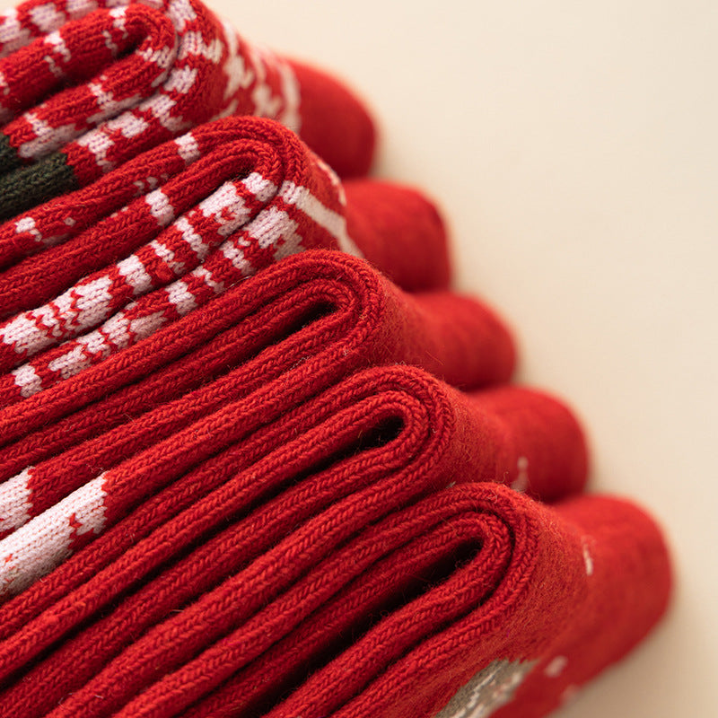5 Pack Warm Thick Cashmere Mid Calf Red Christmas Socks