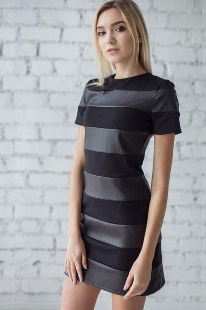 PU leather stitching stripes slim dress