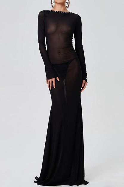 Backless strappy long-sleeved extra-long dress