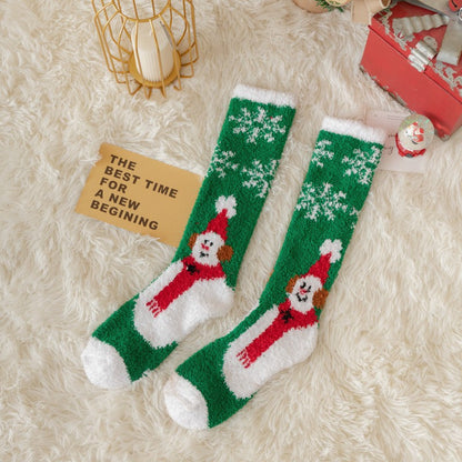 Coral Fleece Non Slip Thick Reindeer Snowman Knee High Christmas Socks