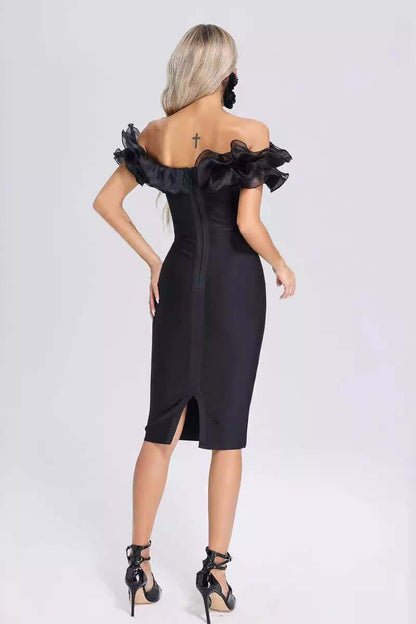 Bandage one-line strapless mesh black dress
