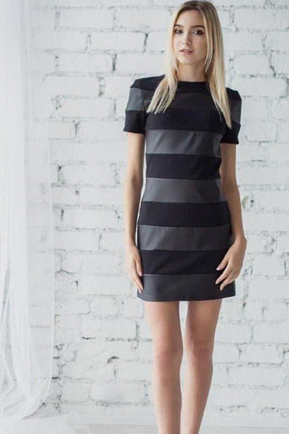 PU leather stitching stripes slim dress