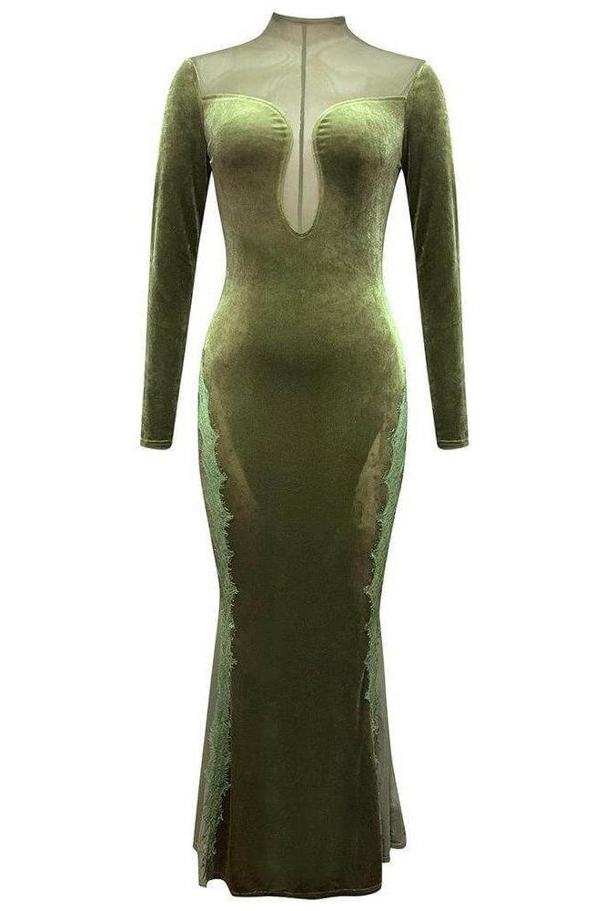 Velvet splicing mesh slim long-sleeved dress