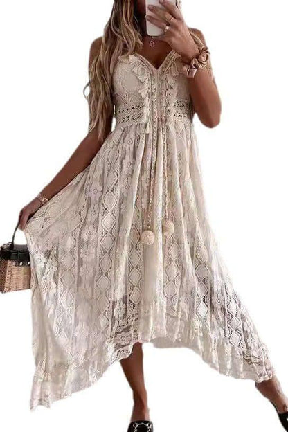 Lace Suspender white Midi Dress