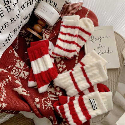 Red Striped Cashmere Blend Warm Mid Calf Christmas Socks