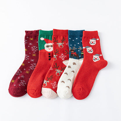 5 Pack Thick Cotton Cute Deer Mid Calf Christmas Socks