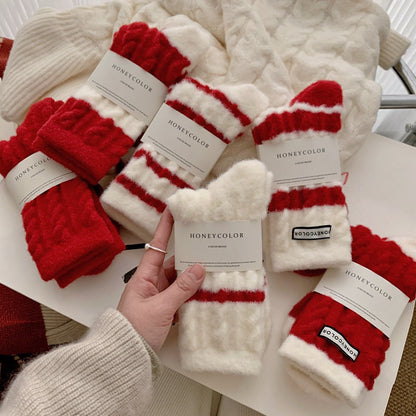 Red Striped Cashmere Blend Warm Mid Calf Christmas Socks