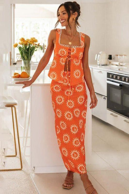 Square Collar Top Printed Long 2 piece dress