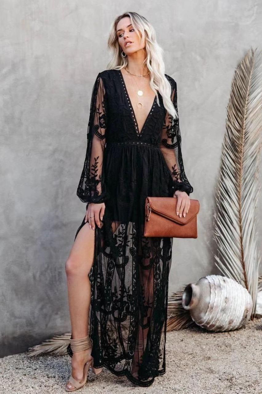 V-Neck Embroidery Lace Long Dress