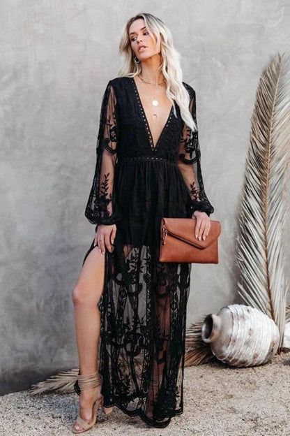 V-Neck Embroidery Lace Long Dress