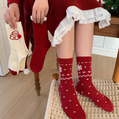 Red Argyle Snowflake Seamless Rabbit Fleece Mid Calf Christmas Socks