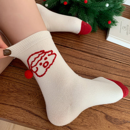 Red Argyle Snowflake Seamless Rabbit Fleece Mid Calf Christmas Socks